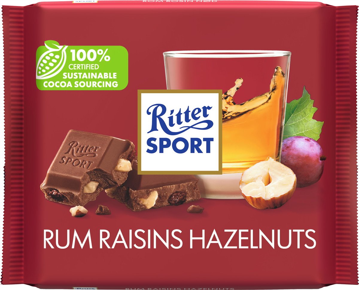 Ritter Sport, Mælkechokolade m. rom, rosiner og hasselnødder