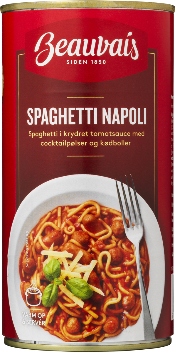 Beauvais, Spaghetti i tomatsauce m. cocktailpølser og kødboller