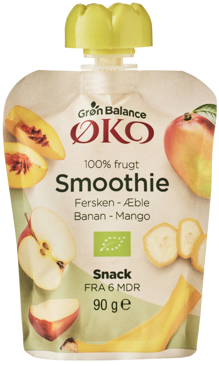 Smoothie m. fersken, æble banan & mango øko. Grøn Balance