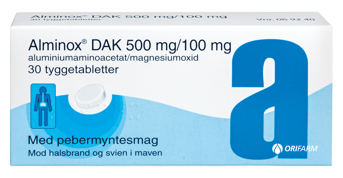 Alminox, Tabletter mod halsbrand og svien i maven m. pebermyntesmag 100 mg